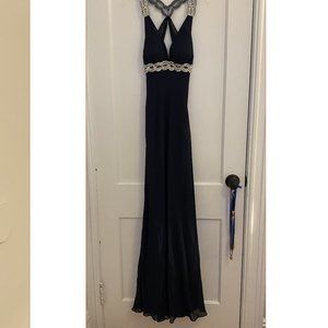 Faviana Long Evening Dress with Beading & low back- Navy -Size 2